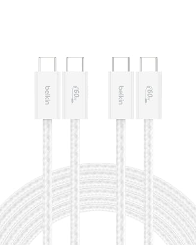 Belkin USB C to USB C 60W Braided Cable 2 Pack, 9.9ft iPhone Charger Cord - color: White, style: 9.9 ft - 2 pack