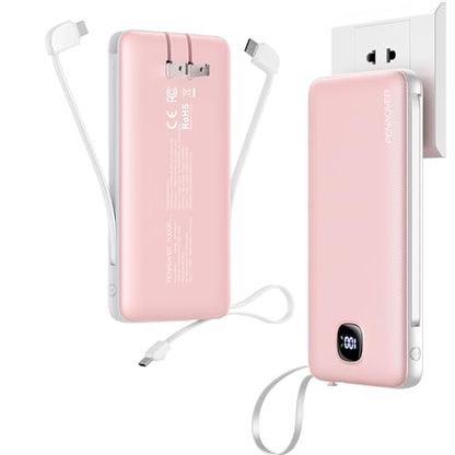 Portable Charger 10000mAh 22.5W Power Bank,Built-in 3 Cables & AC Wall Plug - color: Pink