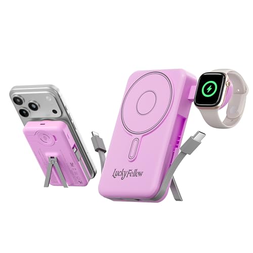 Magnetic Portable Charger Built-in Cables,10000mAh Fast Charging Wireless Charger Station External Battery Pack Slim Pocket Size Power Bank with Stand Compatible with iWatch, iPhone - color: Purple