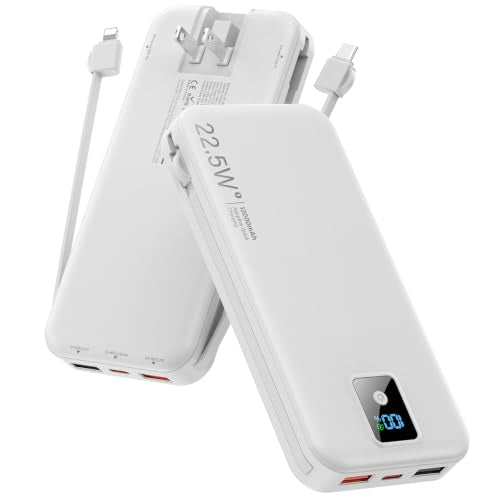 Portable Charger 12000mAh 22.5W w/Built-in Cable & Wall Plug White - color: White