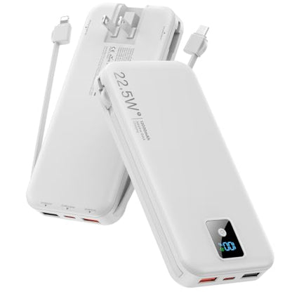 Portable Charger 12000mAh 22.5W w/Built-in Cable & Wall Plug White - color: White