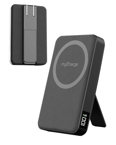 myCharge CliqLuxe+ Magnetic Wireless Power Bank 5,000mAh | iPhone & MagSafe Compatible | Qi2.2 25W Mag Safe Portable Charger | Built-in Wall Plug & Stand | 20W PD USB-C Port | Premium Black Fabric - size: 5K, style: With Wall Plug (Black)