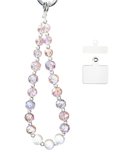Sparkle Crystal Pearl Phone Wrist Strap for Women, Sparkling Beaded Cellphone Lanyard Chain - color: Pink