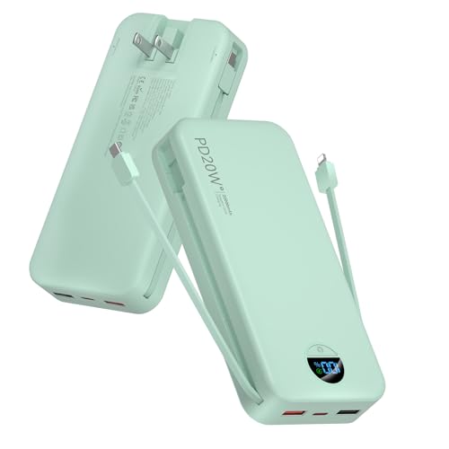 citicr Portable Charger 20000mAh PD20W w/Built-in Cables & Wall Plug Green - color: Olive