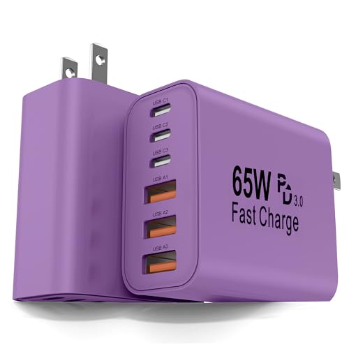 2-Pack 65W USB C Charger Block, 6-Port Fast Wall Charging Block [3 PD USB-C & 3 QC USB-A] for iPhone 17 16 15 Pro Max, iPad Pro, Galaxy S26 S25, Pixel 10 9, iWatch,Google & More - color: Purple