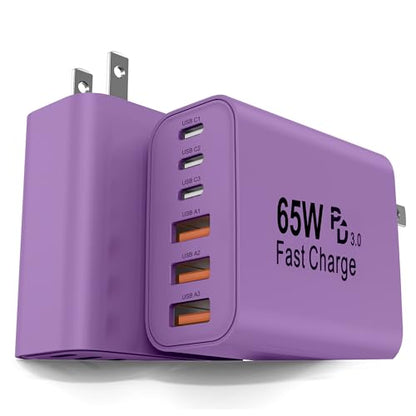 2-Pack 65W USB C Charger Block, 6-Port Fast Wall Charging Block [3 PD USB-C & 3 QC USB-A] for iPhone 17 16 15 Pro Max, iPad Pro, Galaxy S26 S25, Pixel 10 9, iWatch,Google & More - color: Purple