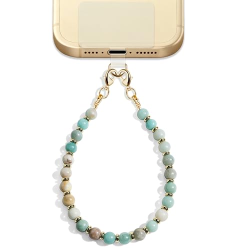 Lostars Gemstone Beaded Phone Wrist Strap for Women, Handmade Design - color: Amazonite