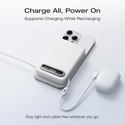 EF ECOFLOW Rapid Mag Power Bank, Qi2.2 25W MagSafe-Compatible Portable Charger, 10,000mAh Magnetic Power Charger with Built-in USB-C Cable and Foldable Stand, for iPhone 17/16/15 - color: White