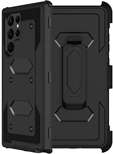 for Samsung Galaxy S22 Ultra Case with Belt Clip Holster, 2X Screen Protector, Military Grade Protection Heavy Duty Full Body Shockproof Rugged Protective Cover for Samsung S22 Ultra 5G (Black C) - color: Black C