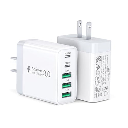 2Pack USB C Fast Charger Block, 60W 5-Port USBC Wall Charger Plug Adapter