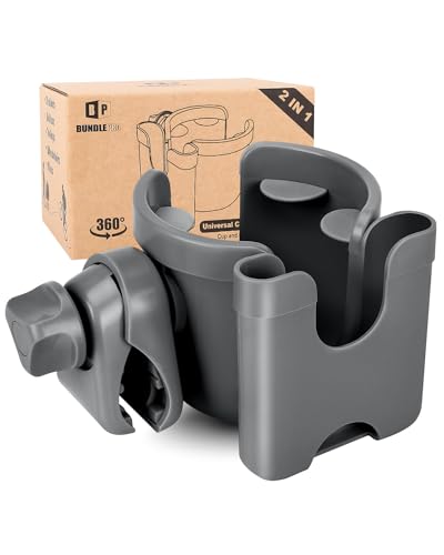 BUNDLEPRO Stroller Cup Holder with Phone Holder, 2-in-1, Gray - color: GRAY