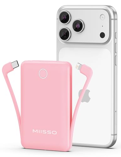 miisso 10000mAh Mini Portable Charger with Built in Cable, Pink - color: Pink