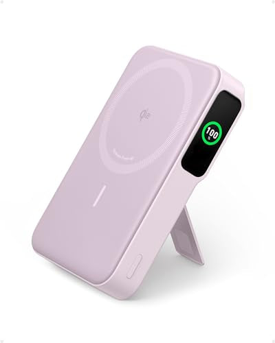 Anker MagGo Power Bank, 10,000mAh Qi2-Certified 15W Max Portable Charger | Fast MagSafe-Compatible Battery Pack, Smart Display, Foldable Stand, for iPhone 16 / 15 / 14 / 13 Only (USB-C Cable Included) - color: Violet