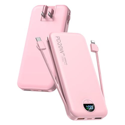 citicr Portable Charger 10000mAh PD20W w/Built-in Cables & Wall Plug Pink - color: Fairy Pink