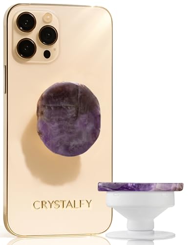 Grips by CRYSTALFY Crystal Phone Grip Holder & Expanding Kickstand-Natural Gemstone Swappable Top Accessory Compatible with iPhone, iPad, Kindle & Mobile Devices (Amethyst Natural Edge, Adhesive) - color: Amethyst Natural Edge, style: Adhesive