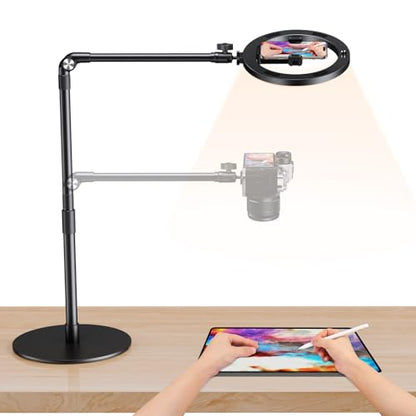 elitehood Overhead Phone Mount with Ring Light, Overhead Tripod for iPhone - style: Desk Stand with Light