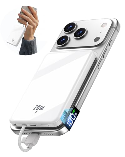 10000mAh Portable Charger, 20W Fast Charging, Built-in Cables with Handle | Charge from 20% to 85% in 30 Mins, 30% Smaller, magnetic grip, Stays Cool, LED Display, for iPhone, Samsung, Android Phones - color: 02.White