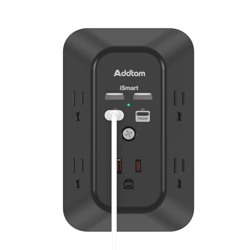 Addtam 5-Outlet Extender Surge Protector, Multi Plug Wall Outlet with 4 USB Wall Charger(PD 30W), Plug Extension Outlet 1800J, Outlet Splitter Power Strip for Home Office Dorm Room Essentials, Black - style: 2C2A PD 30W