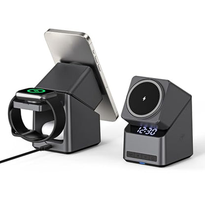 LICAEVEY 4 in 1 Wireless Charging Station, 15W Fast Magnetic Electronics Charger Stand with 180 Degree Rotation Clock Display for Phone Air 17 16 15 14 Series Smartwatch Earbuds