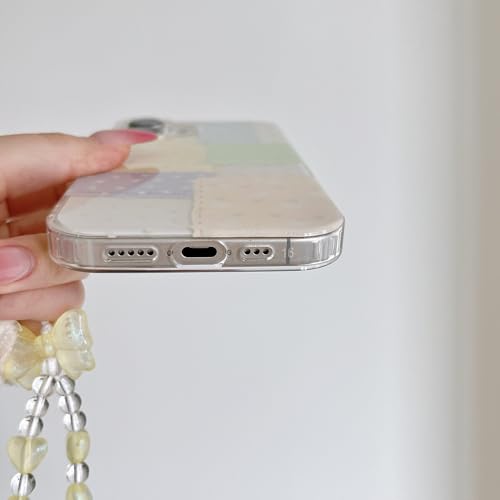 for iPhone 16 Case, Pastel Patchwork Phone Cover with Crystal Heart Beaded Strap & Bow Charm, Cute Kawaii Clear Protective Case for Women Girls(Lanyard+Phone case, iphone16) - size: iphone16