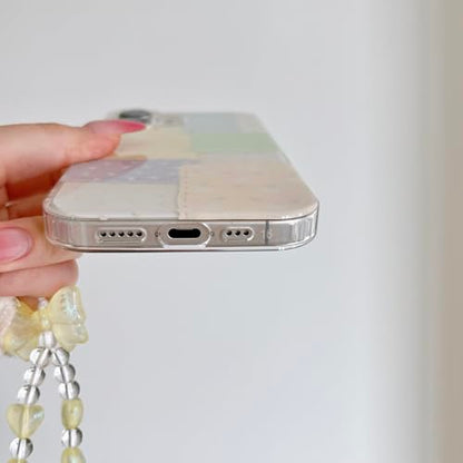 for iPhone 16 Case, Pastel Patchwork Phone Cover with Crystal Heart Beaded Strap & Bow Charm, Cute Kawaii Clear Protective Case for Women Girls(Lanyard+Phone case, iphone16) - size: iphone16