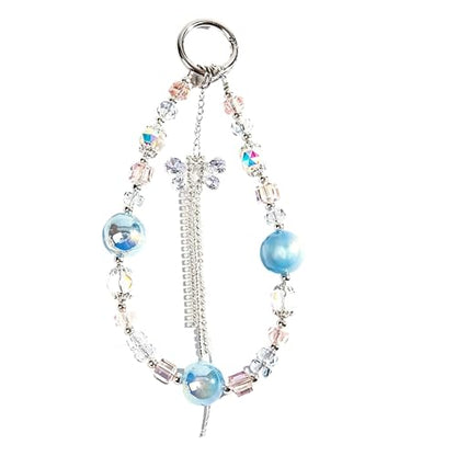 Rhinestone Bead Phone Charm for Women, Butterfly Bow Beaded Wrist Strap Lanyard with Tether Tab – Anti-Theft Hands-Free Detachable Phone Chain Wristlet - color: Rhinestone Tassel Bow Blue Beads