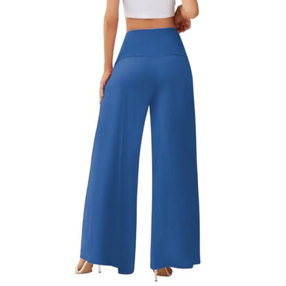 Women's Palazzo Lounge Wide Leg Casual High Waist Flowy Pants with Pockets - color: 01-blue, size: Medium