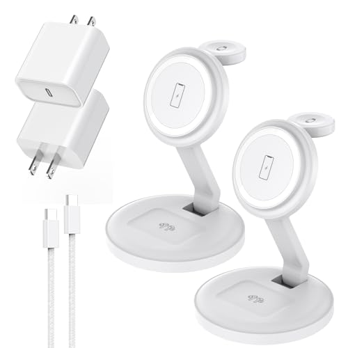 3 in 1 Foldable Magnetic Wireless Charging Station,iPhone Mag-Safe Charger - color: White, size: 2Pack