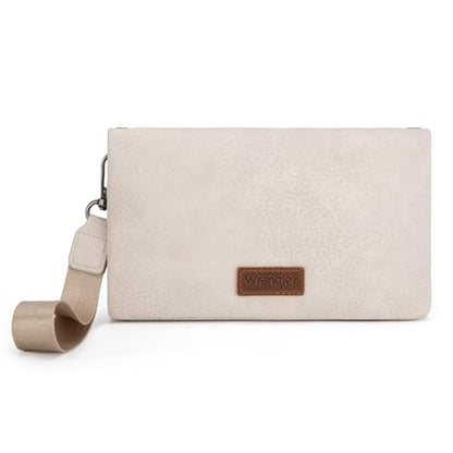 Wrangler White Wallet Purse Womens Wristlet Wallet Spring Bag RFID Blocking Bifold Clutch Small Cute Purse with Crossbody Strap - color: B-beige