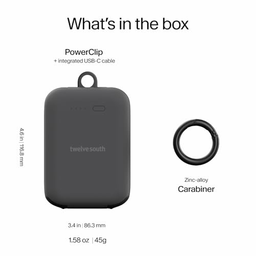 Twelve South PowerClip Mini Charger with Built-in USB-C Cable, 2000mAh - color: Slate