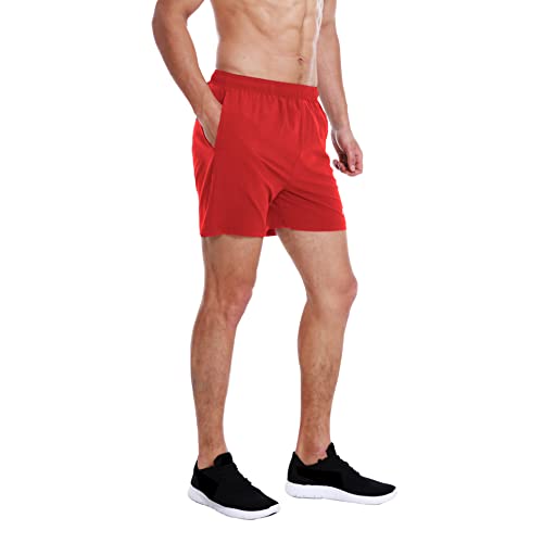 EZRUN Men's 5" Athletic Running Shorts Quick Dry with Liner Zip Pocket - color: Red, size: Large