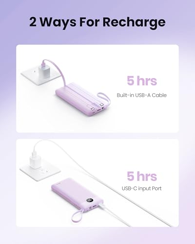 Portable Charger with Built-in Cable, 10000mAh Slim USB C Power Bank, External Battery Pack 5 Outputs 2 Inputs LED Display Compatible with iPhone/Android & More (Lavender) - color: Lavender