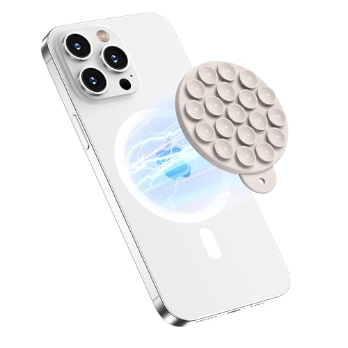 Magnetic Suction Cup Phone Mount with MagSafe, Silicone Hands-Free Grip Holder for iPhone Case and Android, Mirror Shower Phone Stand for Makeup FaceTime Gym Kitchen Bathroom, Stone - color: Stone