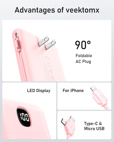 VEEKTOMX 10000mAh Portable Charger with Built-in Cables & Wall Plug - color: Peach