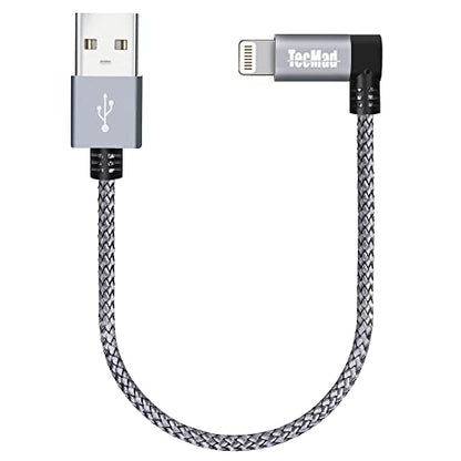 0.65ft Short iPhone Charger Cord [C89 MFi Certified] 90 Degree Ligthning Cable, Nylon Braided for iPhone 14/14 Pro, AirPods Pro, iPhone 13/13 Pro/12, iPad Pro and More (Grey)