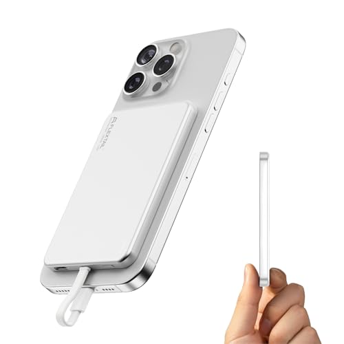 FLEXTAILGEAR Magnetic Power Bank, 5000mAh Ultra Slim Portable Charger with Built-in USB-C Cable, Travel Power Bank Compatible with iPhone 17/16/15 Series Galaxy and More