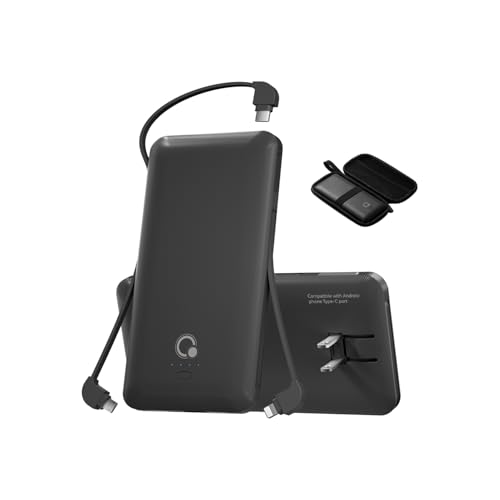 Brand Q Portable Charger with Built-in Cables and AC Wall Plug,Slim USB C Travel Essential Power Bank 10000mAh,External Battery Pack Compatible with iPhone,Samsung,Tablet and All Smart Phones - color: Black