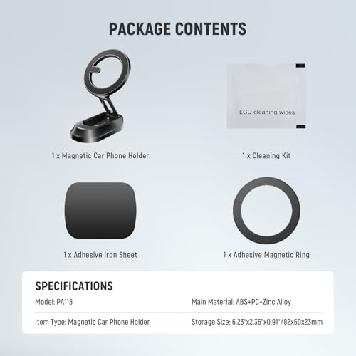 NEEWER Magnetic Phone Holder for Car, Dual Sided Magnet Cell Phone Mount Compatible with MagSafe iPhone, Car Stand Accessories for Dash Windshield Navigation Glass Gym Video Recording, PA118 - style: PA118