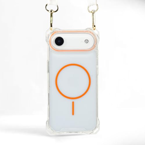 Magnetic for iPhone Air Crossbody Phone Case,Clear/Orange,Clear Magnetic Soft Frame PC Back Shockproof Protective Phone Cover with Adjustable Detachable Lanyard,Compatible with MagSafe - color: Clear/Orange, size: iPhone Air
