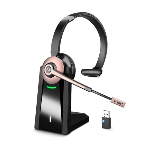 Wiressless Headset with Mic for Work, Bluetooth Headset with Noise Cancelling Microphone, On Ear Wireless Headphones with USB Dongle & Charging Base & Mute Function for Work from Home Computer Office