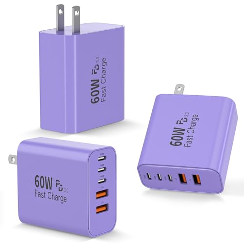 3Pack 60W USB C Fast Charging Block,Apple 60W 5Port USBC Wall Charger Block - color: Purple