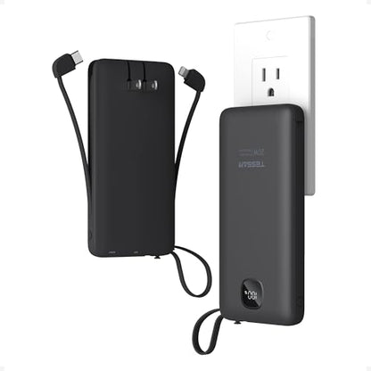 TESSAN Portable Charger with Built in Cables, 10000mAh Power Bank Wall Plug - color: Black