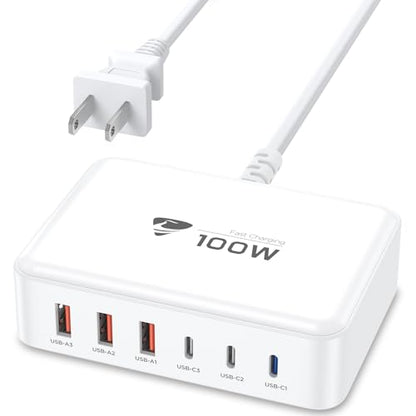 USB C Fast Charger, 100W GaN 6 Port USB C Fast Charging Station Hub Block Cube, QC USB A and PD USB C Wall Charger Power Multiple USB Charger Plug for iPhone 17 16 15 14 13 12 Pro Max, iPad, Samsung