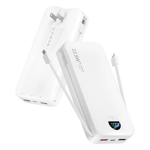 citicr Portable Charger 20000mAh PD20W w/Built-in Cables & Wall Plug White - color: Ivory