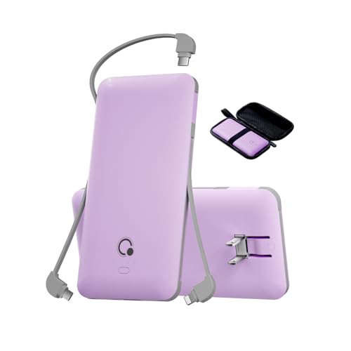 Portable Charger with Built-in Cables and AC Wall Plug, USB C External Battery Pack, 10000mAh Travel Essentials Power Bank Compatible with iPhone17/16/15/14/13, Samsung Galaxy, Pixel,Tablet and More - color: Purple