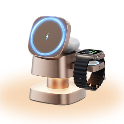 4 in 1 Magnetic Wireless Charging Station,15W Fast Charging with Night Light for MagSafe Charger Stand,3 in 1 Wireless Charger for iPhone 17/16/15/14/13 Pro Max,Apple Watch & AirPods,Sand Gold - color: Sand Gold