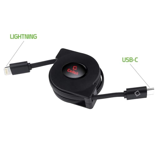 Cellet MFi Certified Retractable Lightning to USB-C Cable – 3ft Fast Charging Cord – Tangle-Free, Portable & Durable – Compatible with iPhone, iPad, and USB-C Chargers - style: USB-C to Lighting