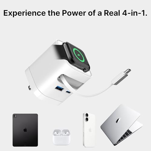 65W Retractable USB-C PD Charger with Built-in Apple Watch Charger - color: White