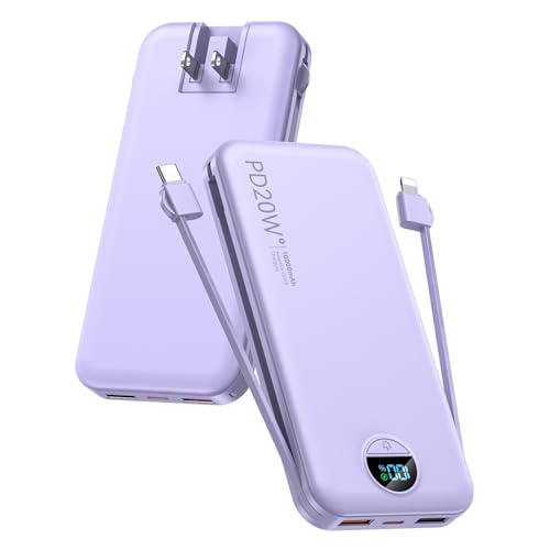 citicr Portable Charger 10000mAh PD20W w/Built-in Cables & Wall Plug Purple - color: Purple