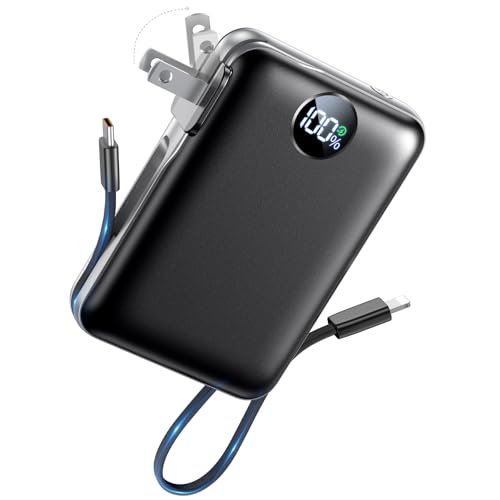 Portable Charger Power Bank 10000mAh, 45% Smaller Built-in Cables & AC Plug - color: Black